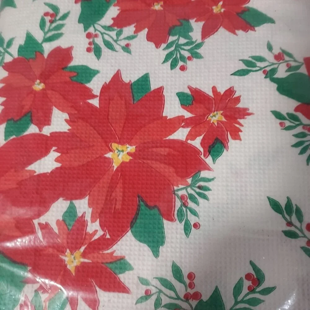 Table Cover Poinsette Paper  51" x 96" Plastic Back New Vintage Beach Brand - Picture 3 of 7